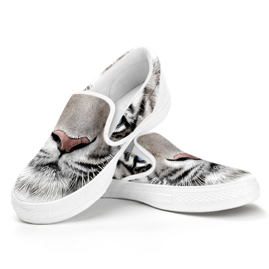 White Tiger Portrait Print White Slip On Shoes