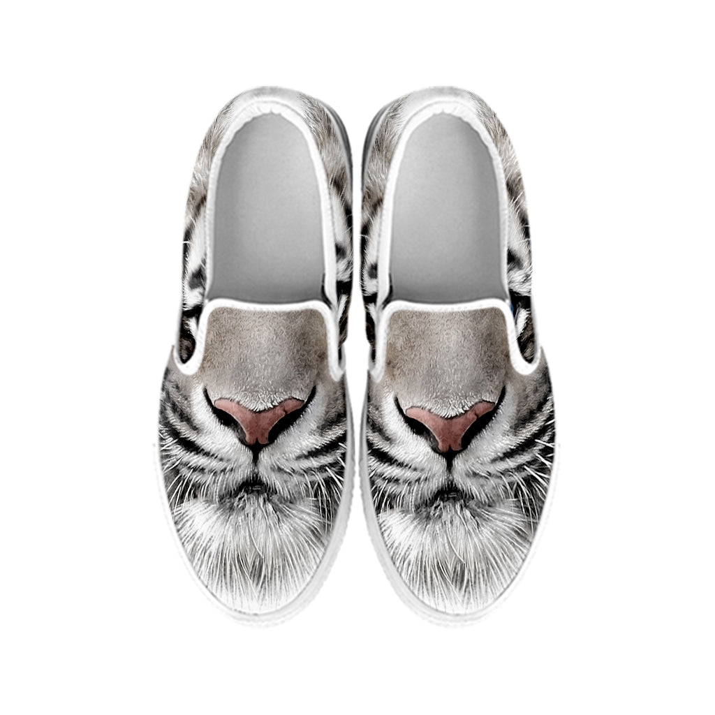 White Tiger Portrait Print White Slip On Shoes