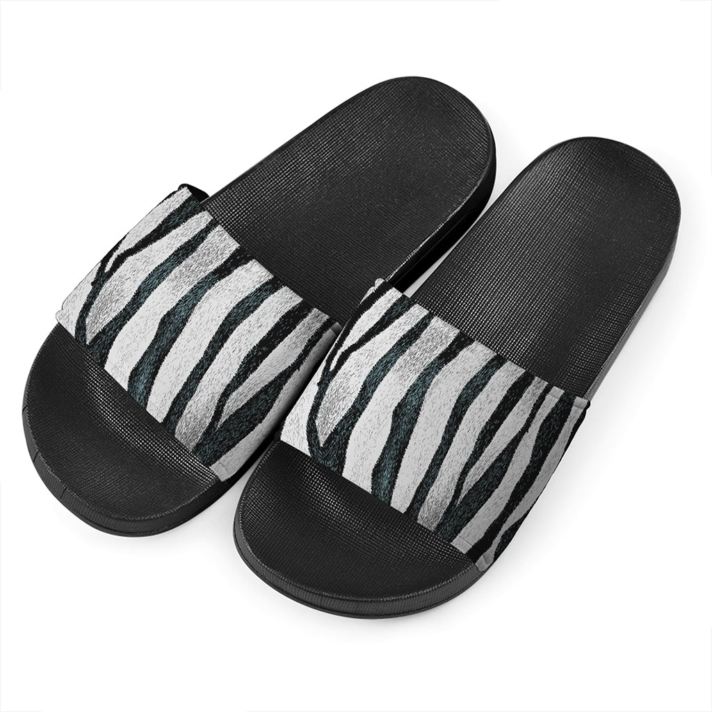 White Tiger Stripe Pattern Print Black Slide Sandals