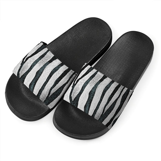 White Tiger Stripe Pattern Print Black Slide Sandals