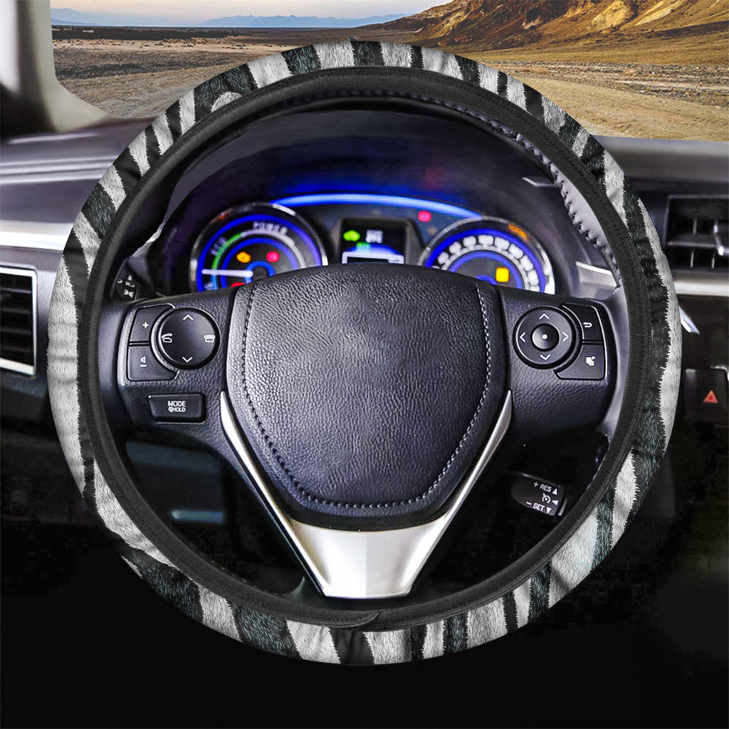 White Tiger Stripe Pattern Print Car Steering Wheel Cover