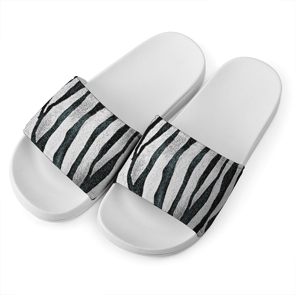 White Tiger Stripe Pattern Print White Slide Sandals