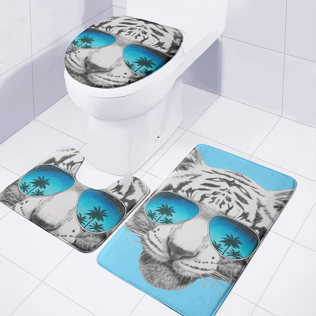 White Tiger With Sunglasses Print 3 Piece Bath Mat Set