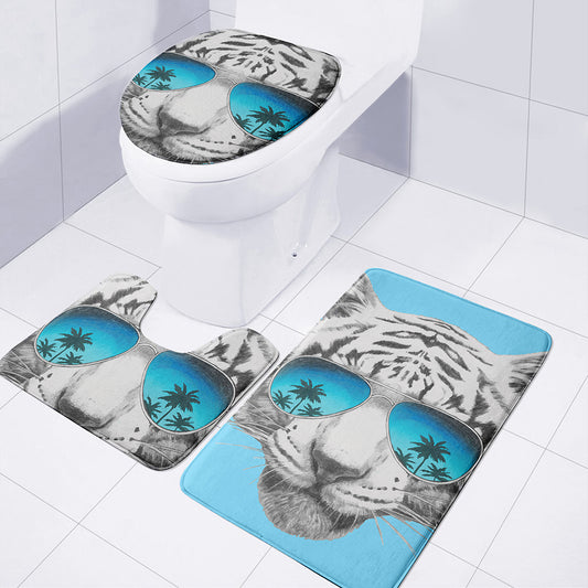 White Tiger With Sunglasses Print 3 Piece Bath Mat Set