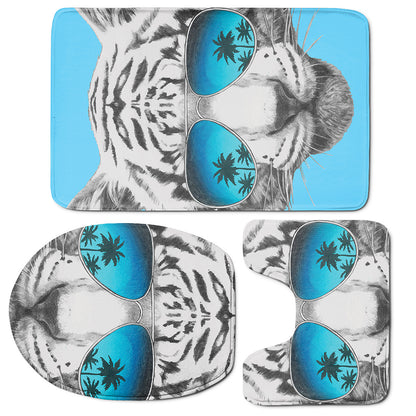 White Tiger With Sunglasses Print 3 Piece Bath Mat Set
