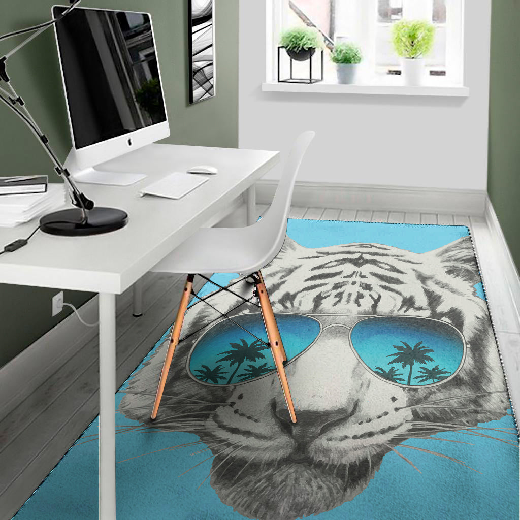 White Tiger With Sunglasses Print Area Rug