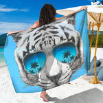 White Tiger With Sunglasses Print Beach Sarong Wrap
