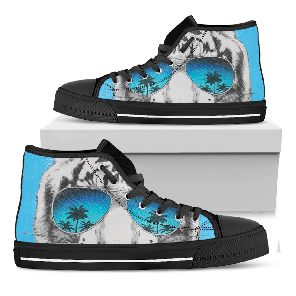 White Tiger With Sunglasses Print Black High Top Shoes