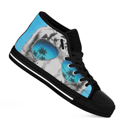 White Tiger With Sunglasses Print Black High Top Shoes