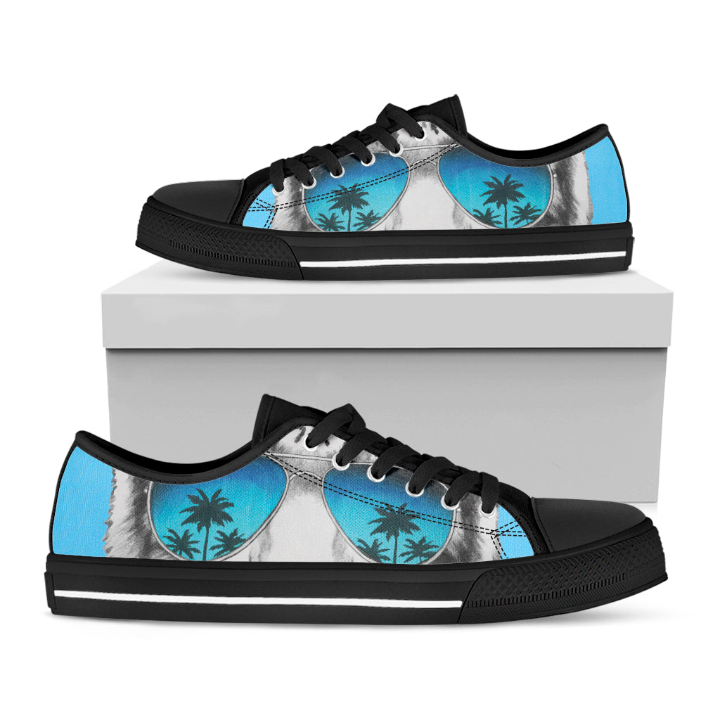 White Tiger With Sunglasses Print Black Low Top Shoes 