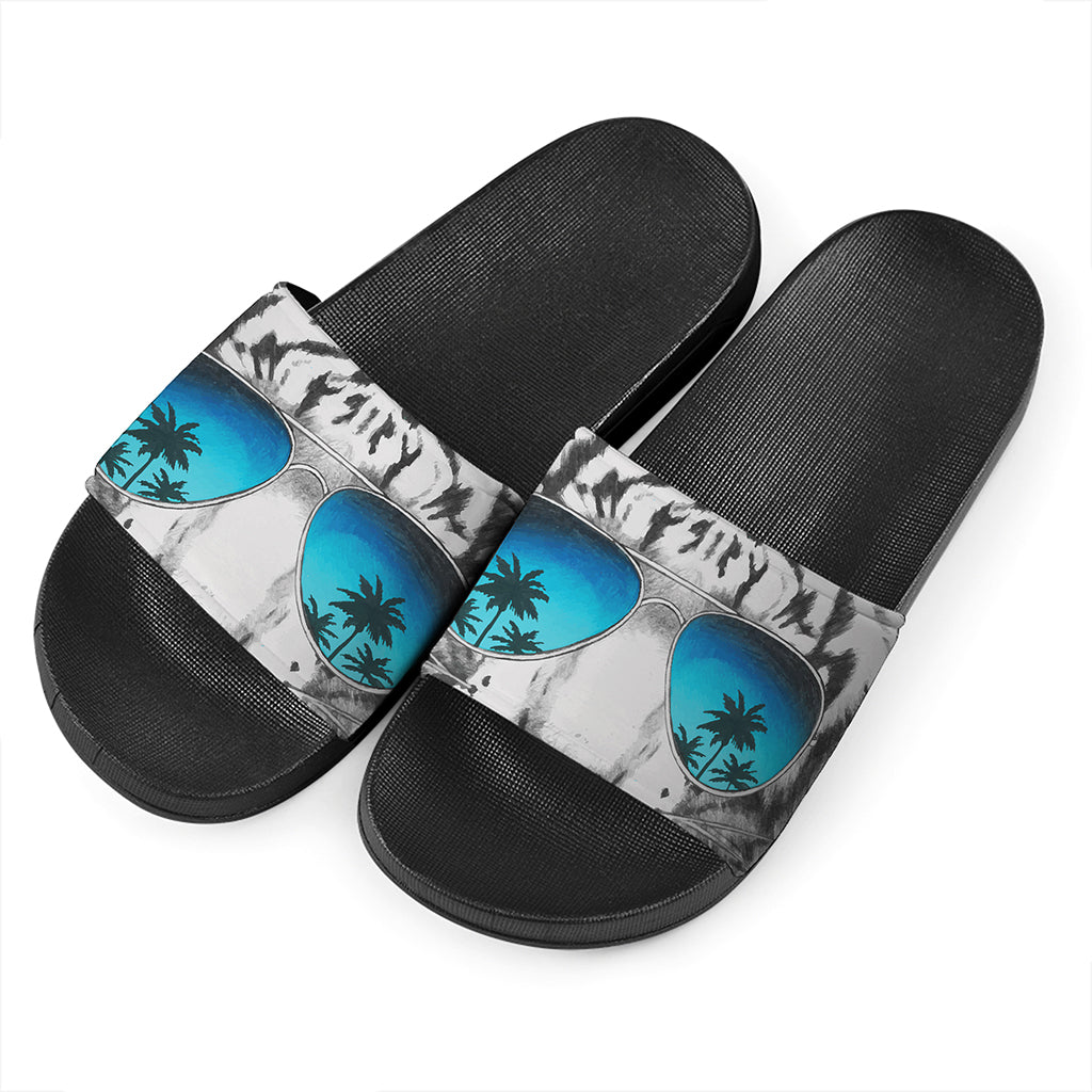 White Tiger With Sunglasses Print Black Slide Sandals