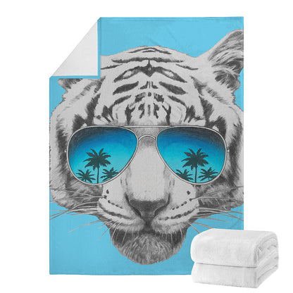 White Tiger With Sunglasses Print Blanket