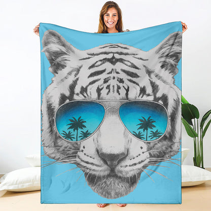 White Tiger With Sunglasses Print Blanket