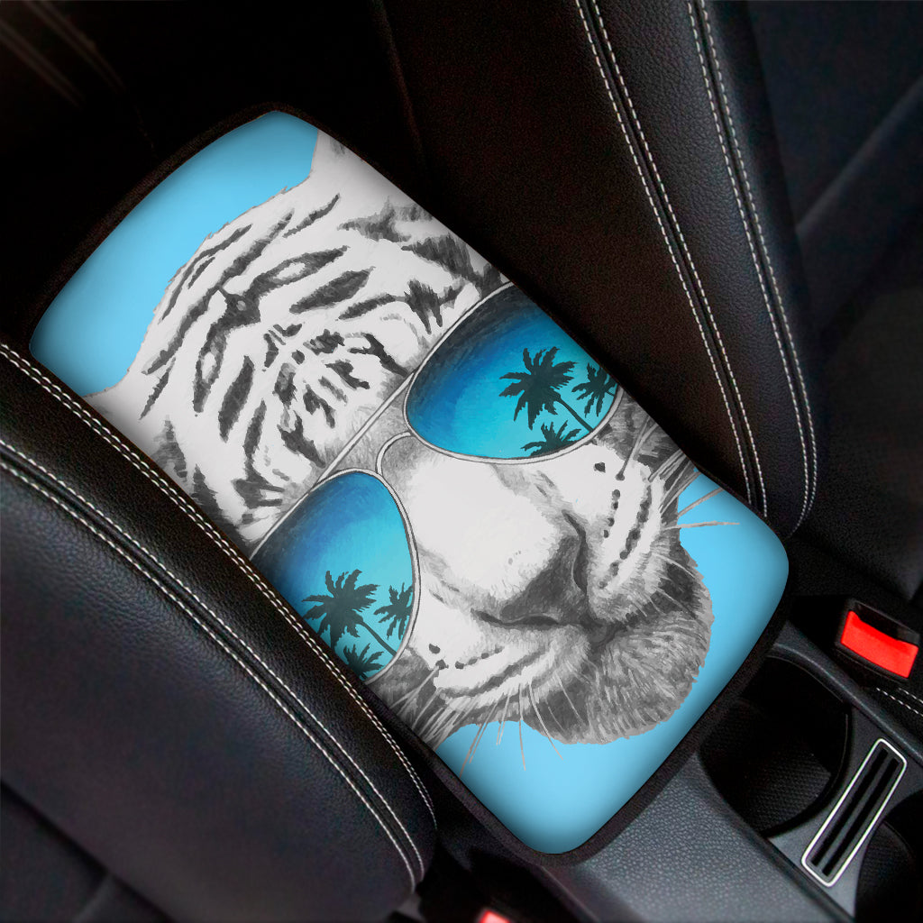 White Tiger With Sunglasses Print Car Center Console Cover