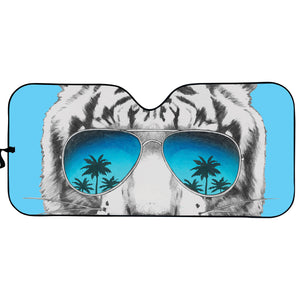 White Tiger With Sunglasses Print Car Sun Shade