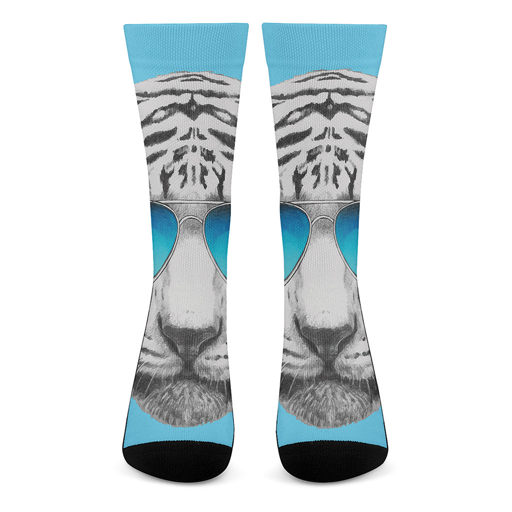 White Tiger With Sunglasses Print Crew Socks