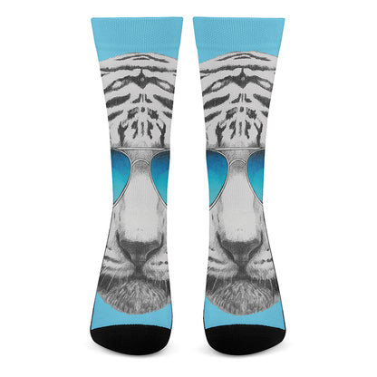 White Tiger With Sunglasses Print Crew Socks