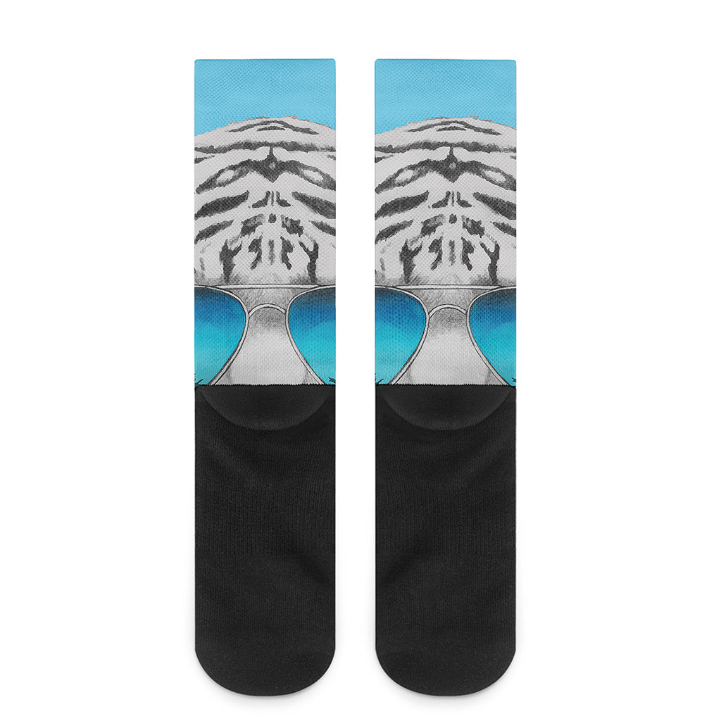 White Tiger With Sunglasses Print Crew Socks