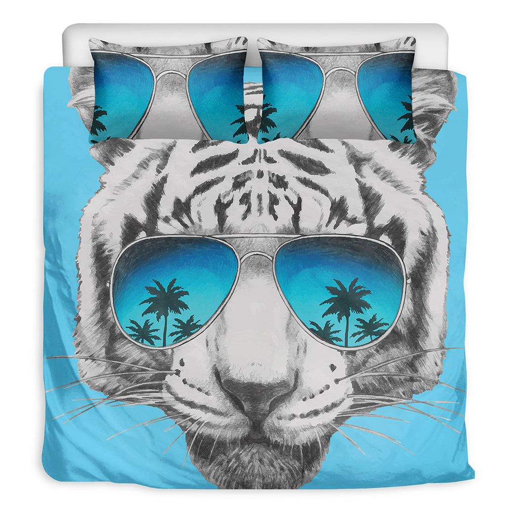 White Tiger With Sunglasses Print Duvet Cover Bedding Set