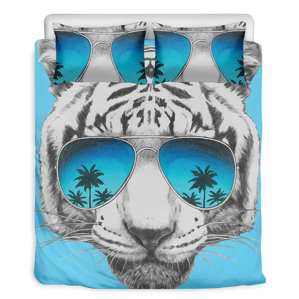 White Tiger With Sunglasses Print Duvet Cover Bedding Set