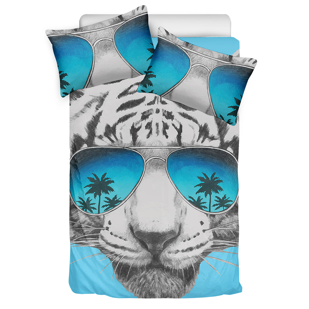 White Tiger With Sunglasses Print Duvet Cover Bedding Set