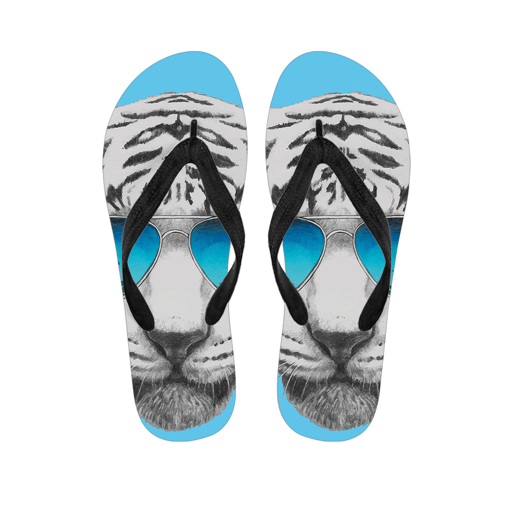 White Tiger With Sunglasses Print Flip Flops
