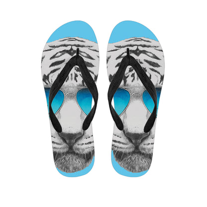 White Tiger With Sunglasses Print Flip Flops