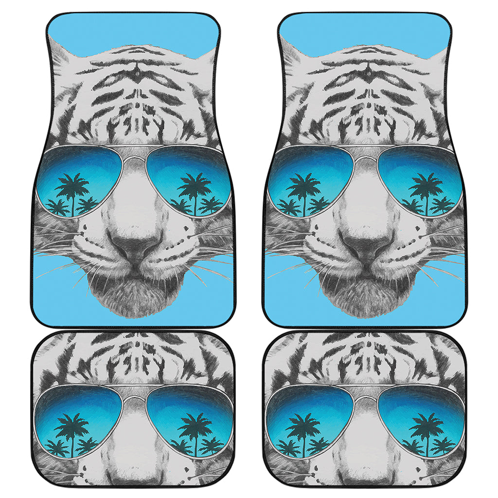 White Tiger With Sunglasses Print Front and Back Car Floor Mats