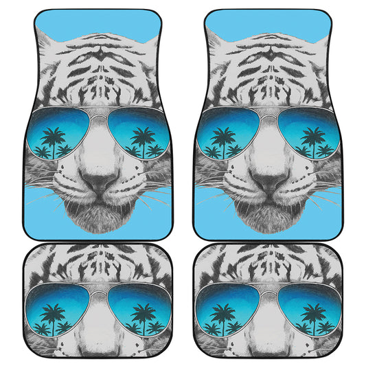 White Tiger With Sunglasses Print Front and Back Car Floor Mats