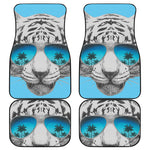 White Tiger With Sunglasses Print Front and Back Car Floor Mats