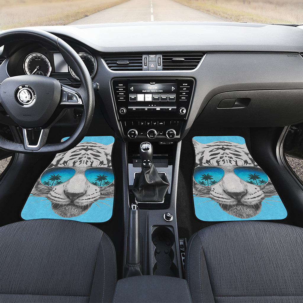 White Tiger With Sunglasses Print Front and Back Car Floor Mats