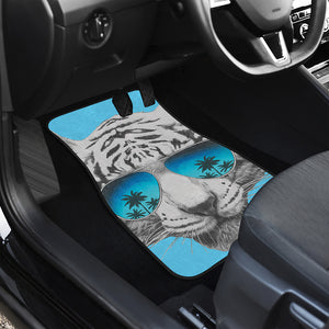 White Tiger With Sunglasses Print Front and Back Car Floor Mats