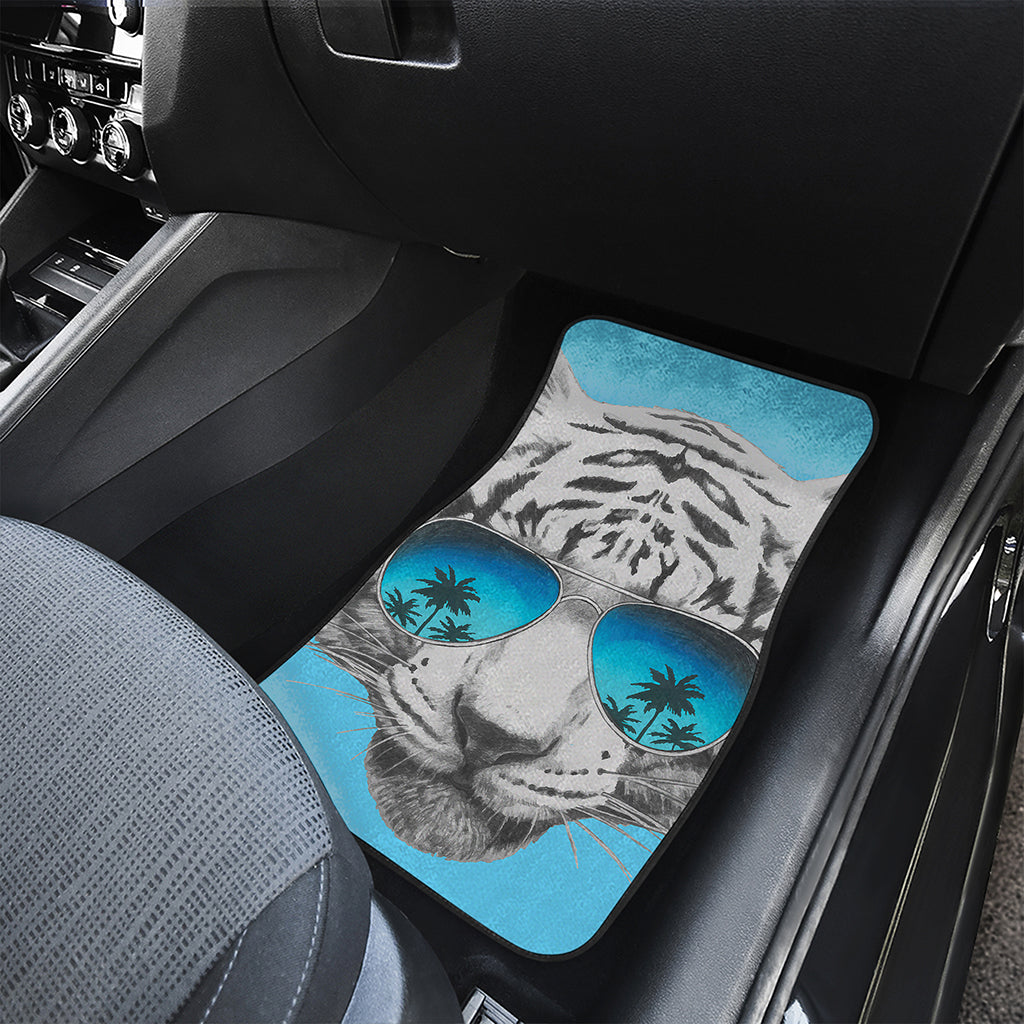 White Tiger With Sunglasses Print Front and Back Car Floor Mats