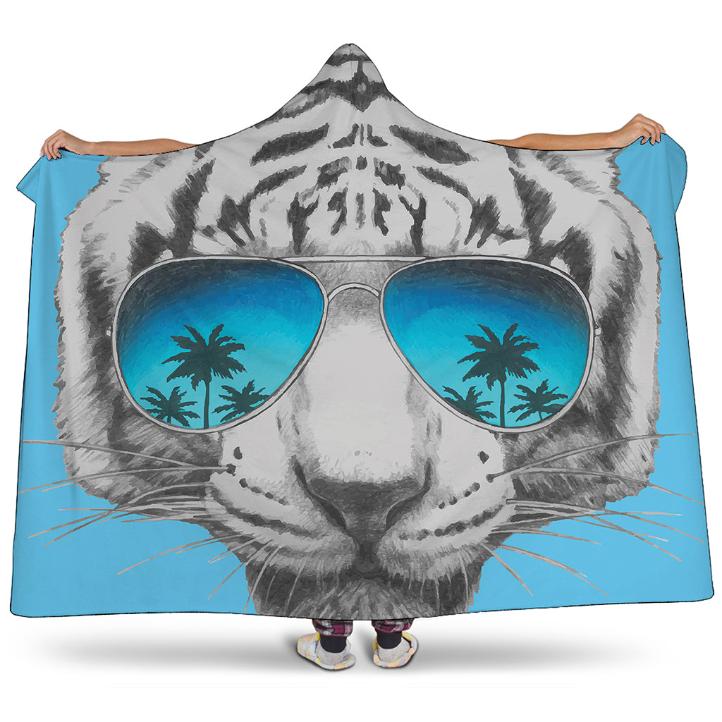 White Tiger With Sunglasses Print Hooded Blanket