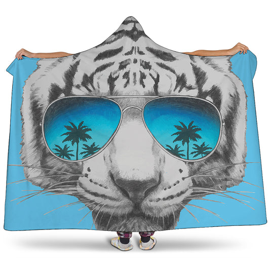 White Tiger With Sunglasses Print Hooded Blanket
