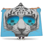 White Tiger With Sunglasses Print Hooded Blanket