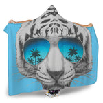 White Tiger With Sunglasses Print Hooded Blanket