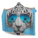 White Tiger With Sunglasses Print Hooded Blanket