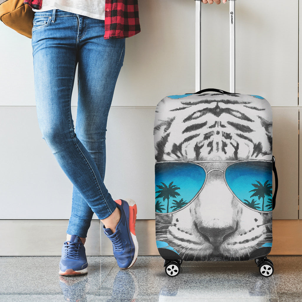 White Tiger With Sunglasses Print Luggage Cover