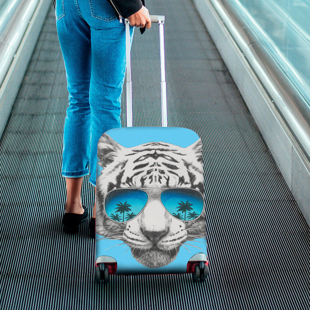 White Tiger With Sunglasses Print Luggage Cover