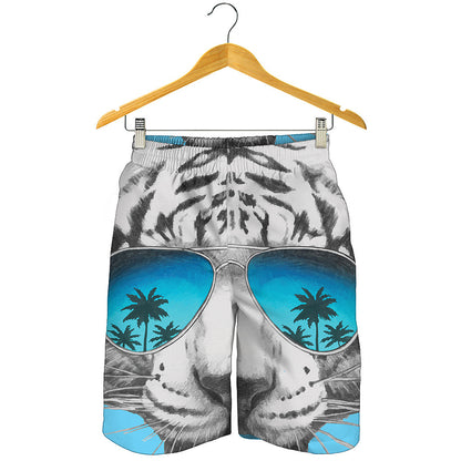 White Tiger With Sunglasses Print Men's Shorts
