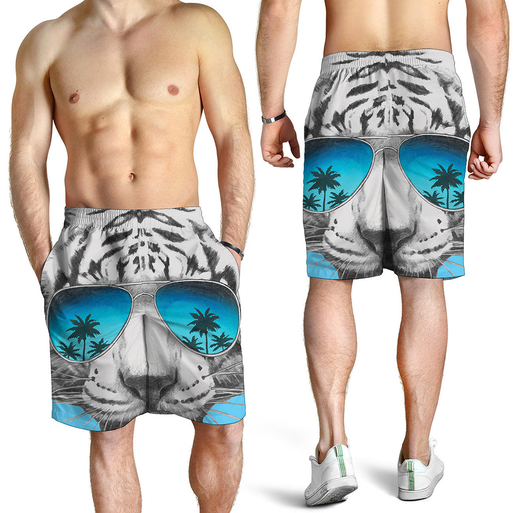 White Tiger With Sunglasses Print Men's Shorts
