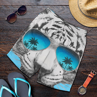 White Tiger With Sunglasses Print Men's Shorts