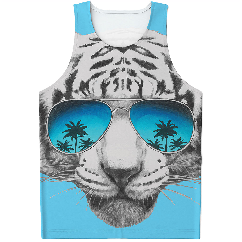 White Tiger With Sunglasses Print Men's Tank Top