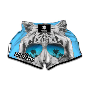 White Tiger With Sunglasses Print Muay Thai Boxing Shorts