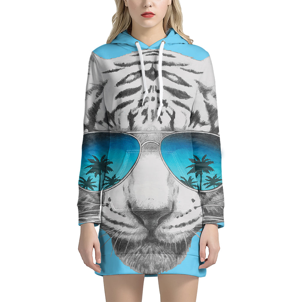 White Tiger With Sunglasses Print Pullover Hoodie Dress