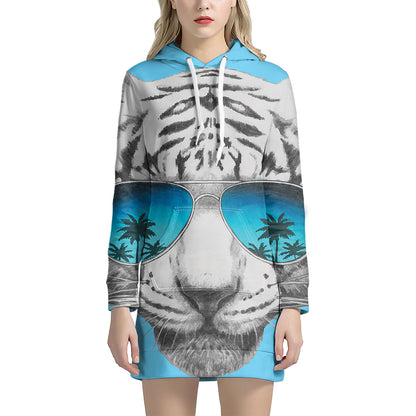 White Tiger With Sunglasses Print Pullover Hoodie Dress