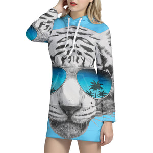 White Tiger With Sunglasses Print Pullover Hoodie Dress