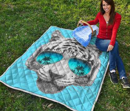 White Tiger With Sunglasses Print Quilt
