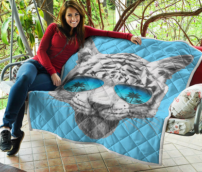 White Tiger With Sunglasses Print Quilt